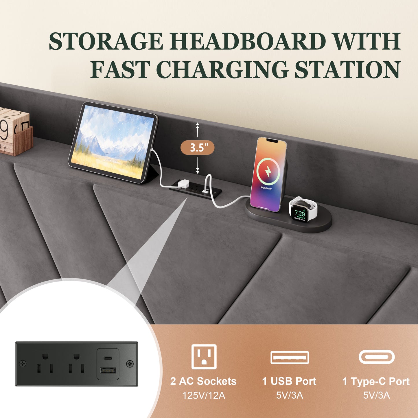 Amolife Platform Bed Frame with 4-in-1 Charging Station & Storage Shelf, Upholstered Velvet Wingback Headboard