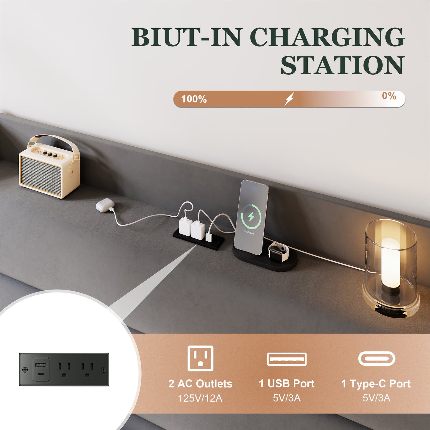 Amolife Platform Bed Frame with Upholstered Velvet Wingback Slat Headboard & Built-In Charging Station