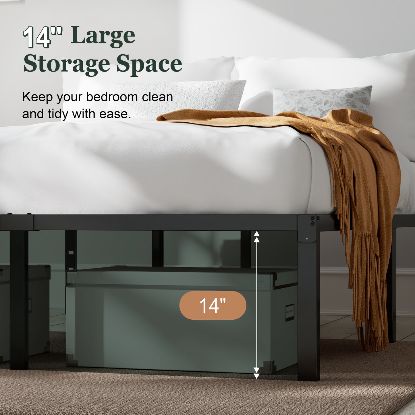 Heavy Duty Platform Bed Frame with Large Under Bed Storage Space, Sturdy Metal Frame