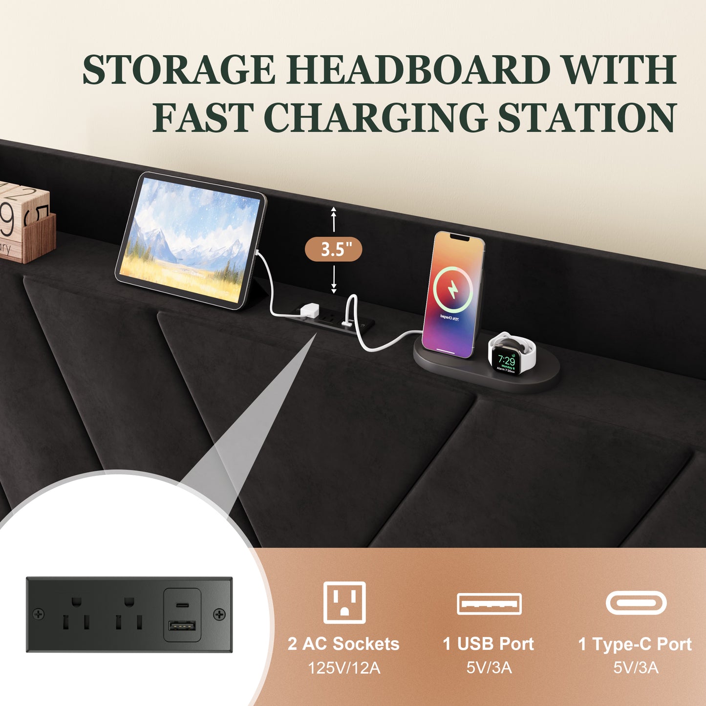 Amolife Platform Bed Frame with 4-in-1 Charging Station & Storage Shelf, Upholstered Velvet Wingback Headboard