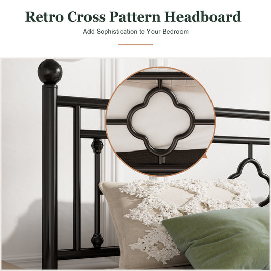 Queen Size Metal Bed Frame with Vintage Cross Pattern Headboard and Footboard, Black