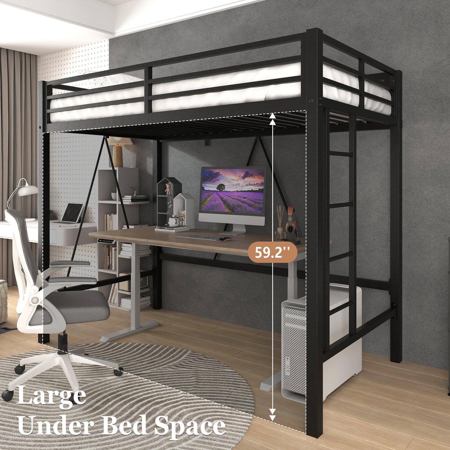 Loft Bed Frame for Juniors&Adults, Metal Loft Bed Twin Size with Safety Guardrail&Removable Ladder, Space-Saving, Noise Free