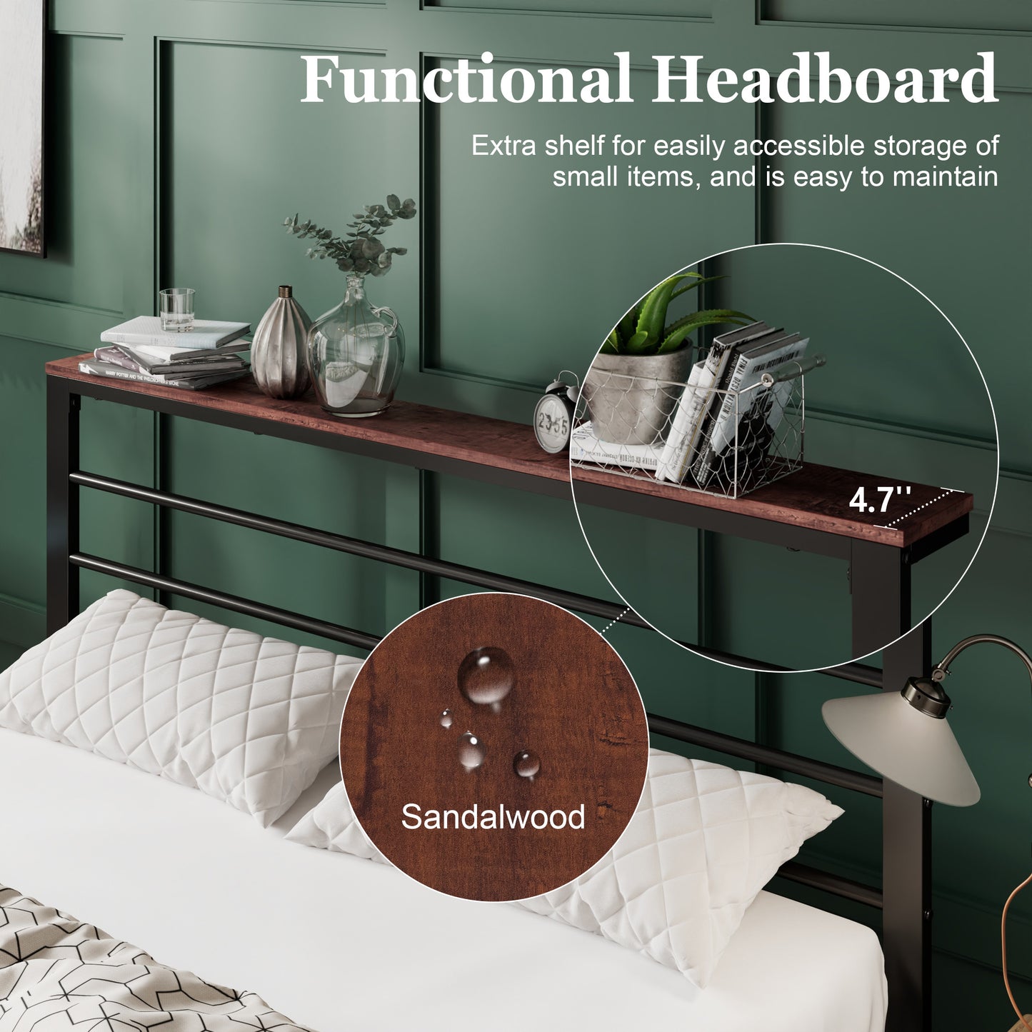 Queen Size Metal Bed Frame with Headboard Shelf, Black Oak
