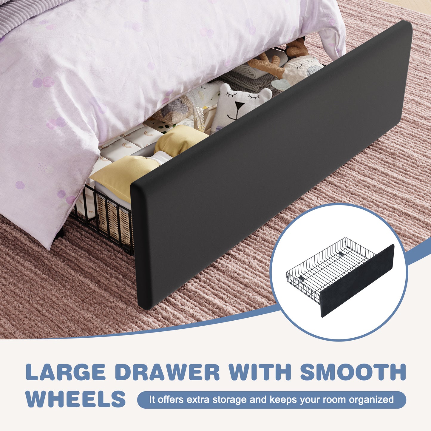 Amolife LED Bed Frame with Drawer, Velvet Upholstered Platform Bed Frame with Adjustable Wavy Headboard