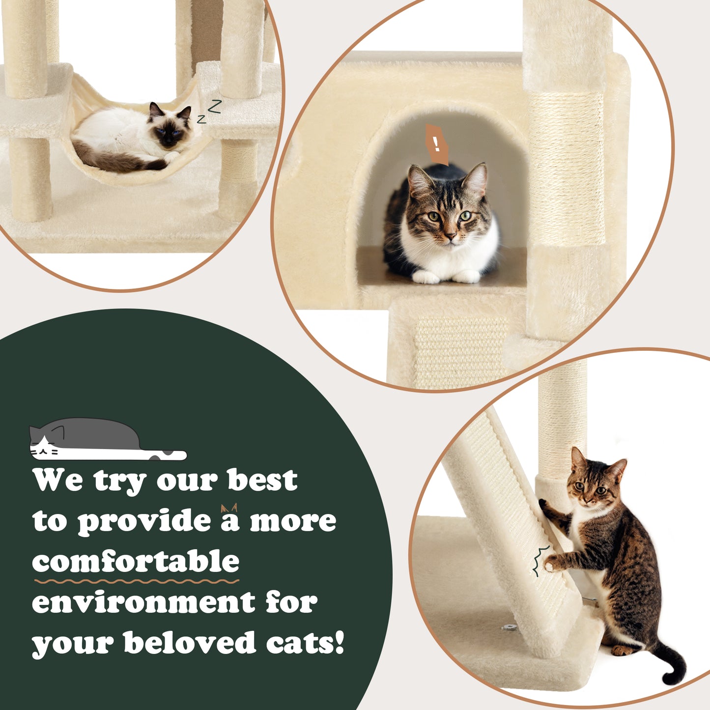 Amolife 65.7" Cat Tree Tower Condo for Large Cats with Hammock, Scratching Post & Basket