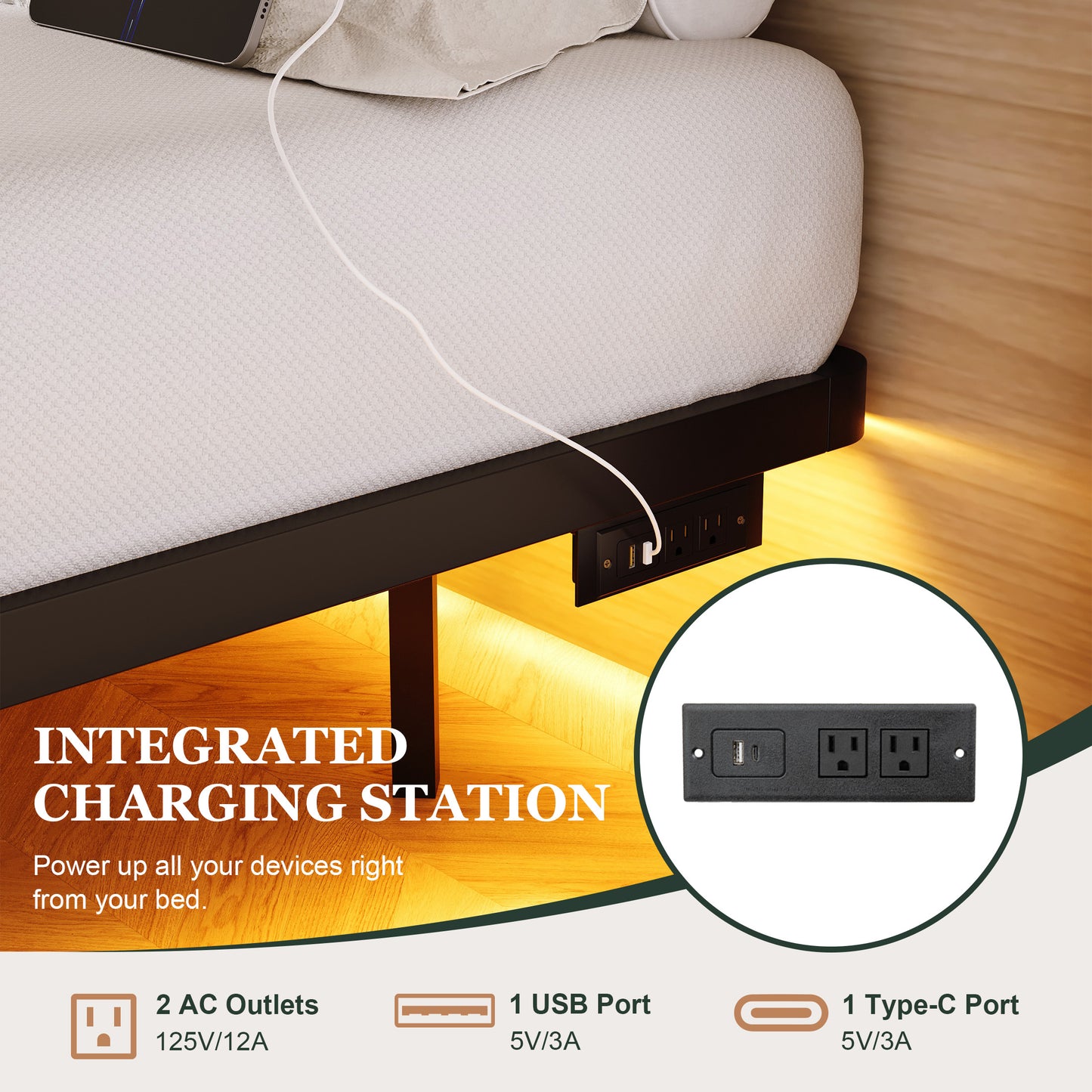 Amolife Heavy Duty Floating Bed Frame with Smart LED Lights and Charging Station