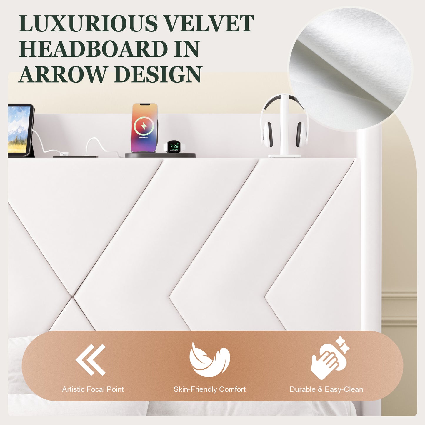 Amolife Platform Bed Frame with 4-in-1 Charging Station & Storage Shelf, Upholstered Velvet Wingback Headboard