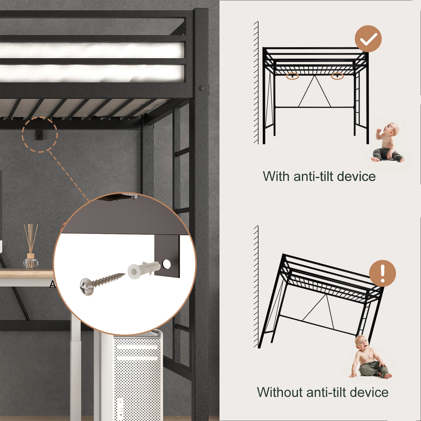 Loft Bed Frame for Juniors&Adults, Metal Loft Bed Twin Size with Safety Guardrail&Removable Ladder, Space-Saving, Noise Free