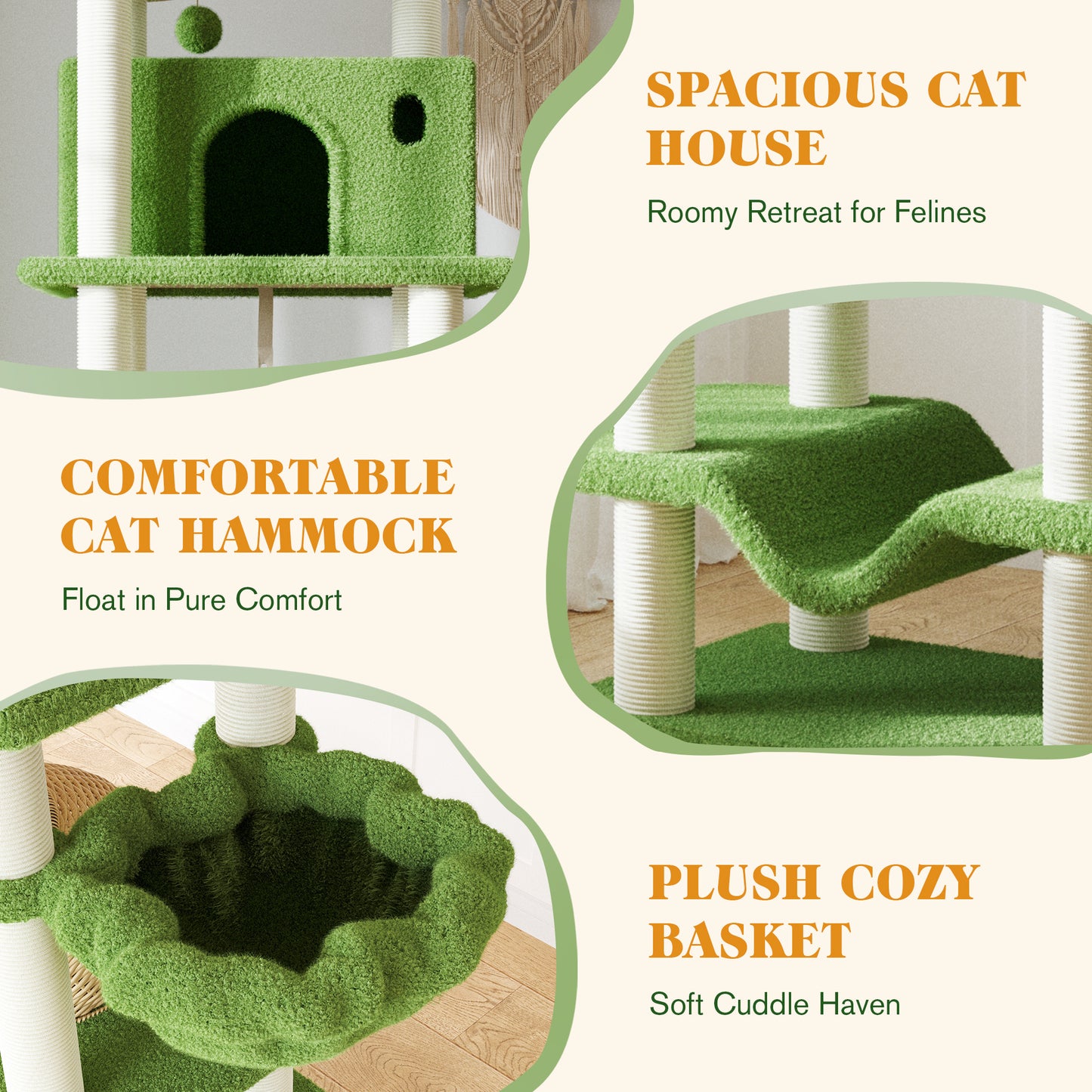 Amolife 82" Large Cat Tree Tower with Teddy Fleece Rattan Condo, Basket, Hammock and Scratching Posts for Indoor Cats and kittens, Green