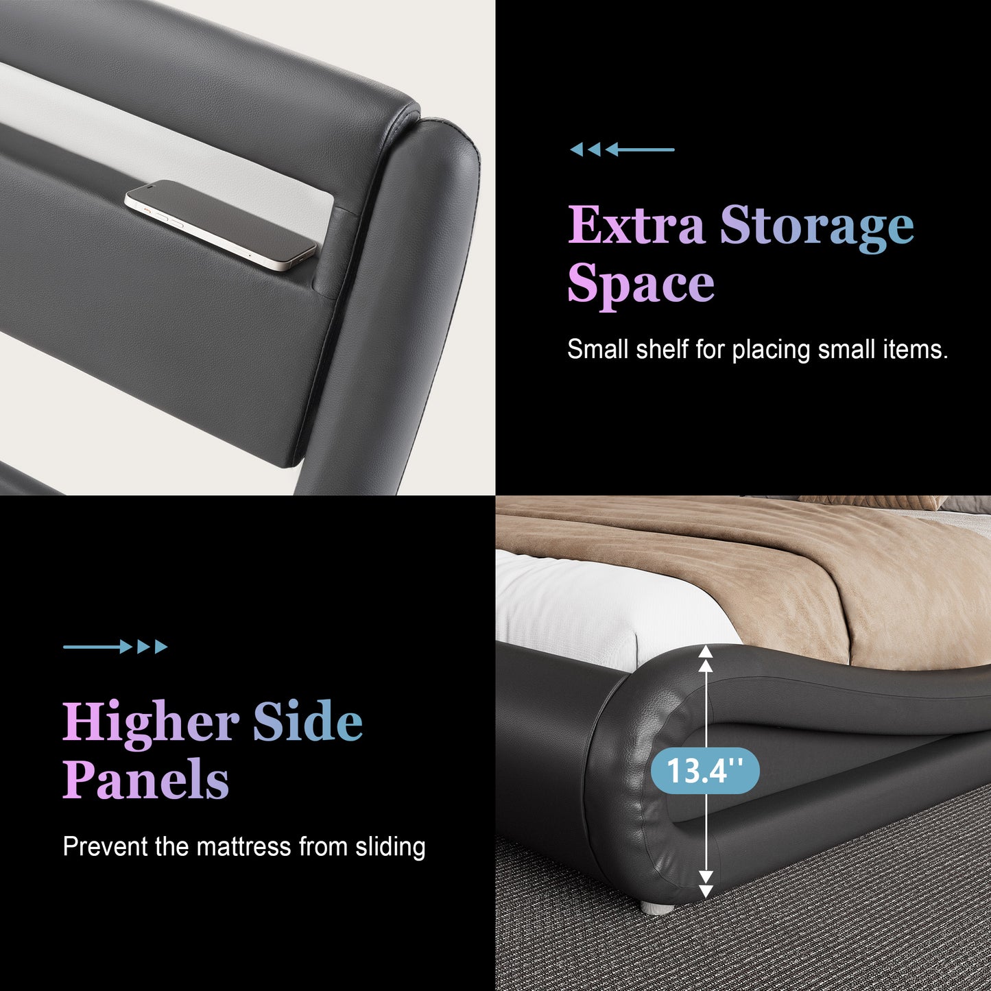 Wave Like Curve Deluxe Upholstered Modern Bed Frame with LED Headboard