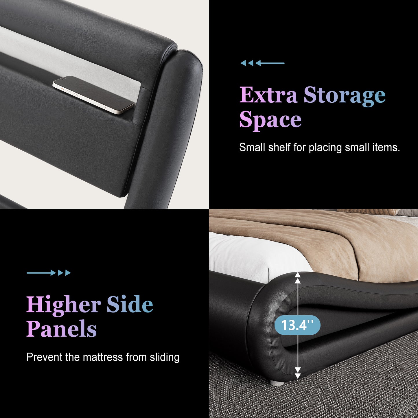 Wave Like Curve Deluxe Upholstered Modern Bed Frame with LED Headboard