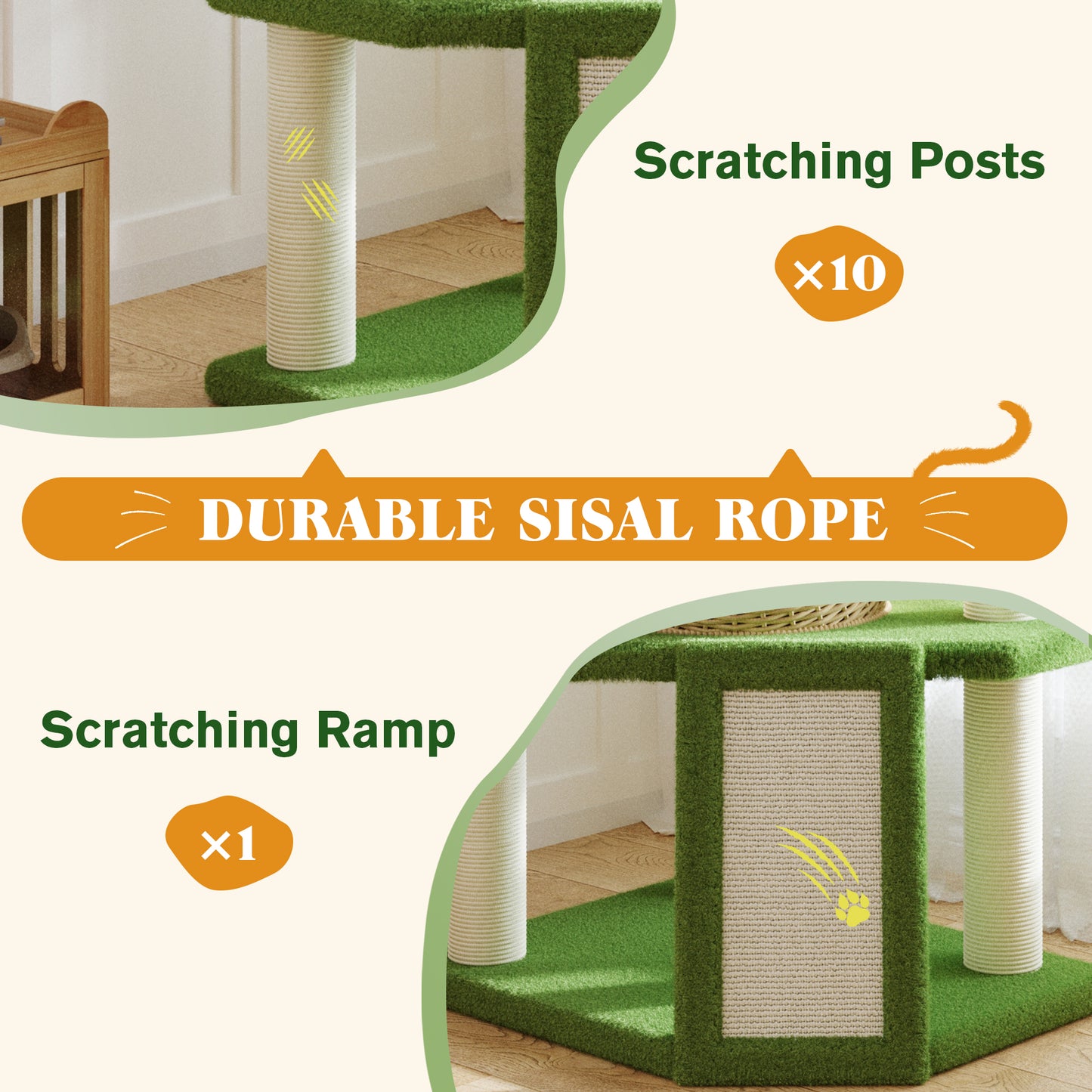 Amolife 57" Large Cat Tree Tower with Teddy Fleece Rattan Condo, Scratching Ramp and Posts for Indoor Cats and kittens, Green
