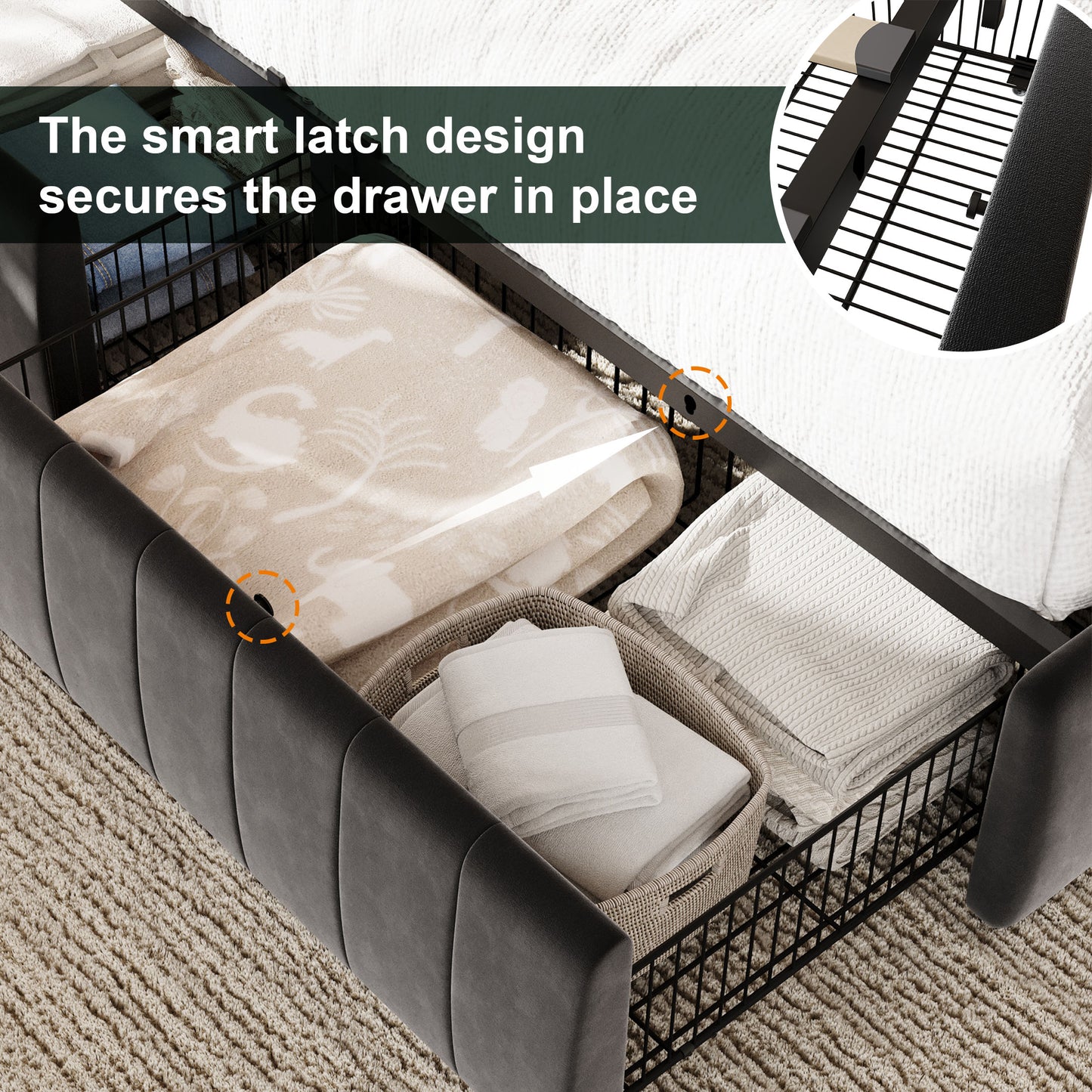 Amolife Bed Frame, Platform Storage Bed with 4 Large Velvet Storage Drawers, Wooden Slats