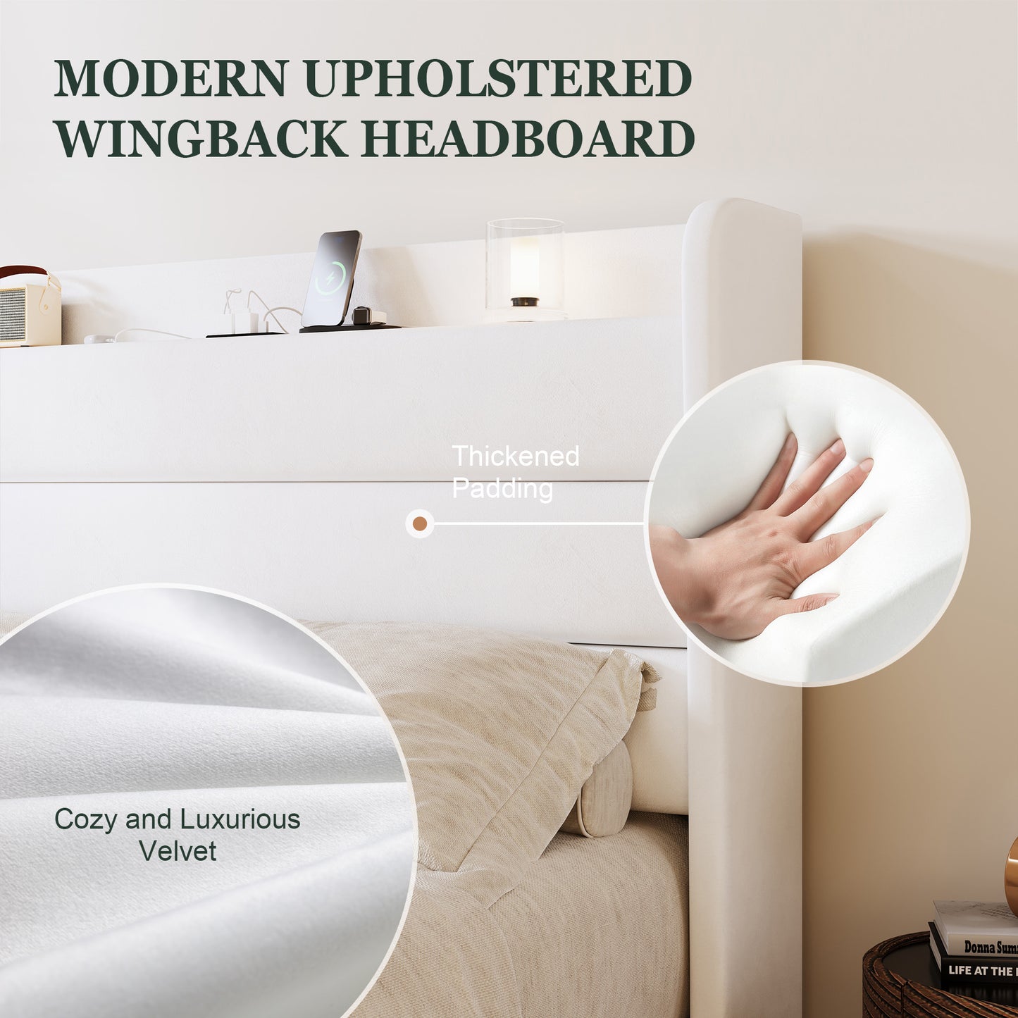 Amolife Platform Bed Frame with Upholstered Velvet Wingback Slat Headboard & Built-In Charging Station