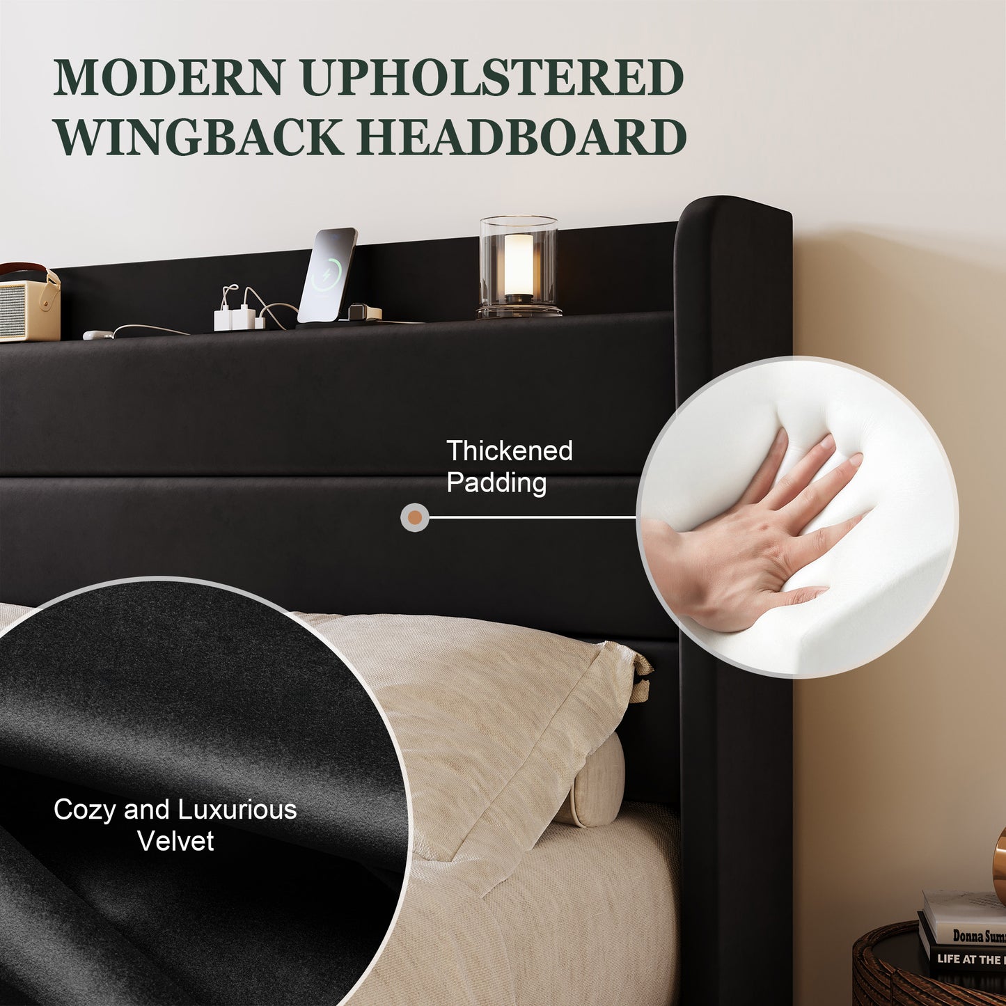 Amolife Platform Bed Frame with Upholstered Velvet Wingback Slat Headboard & Built-In Charging Station