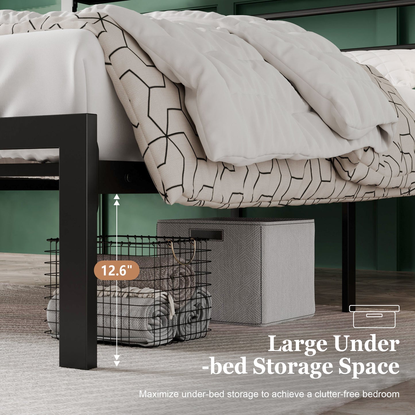 Queen Size Metal Bed Frame with Headboard Shelf, Black Oak