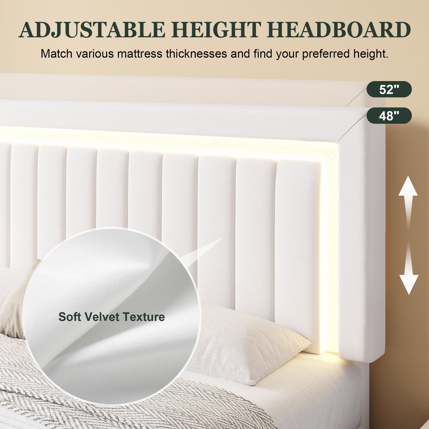 Amolife Bed Frame, Platform Bed with LED Light Velvet Vertical Channel Upholstered Headboard