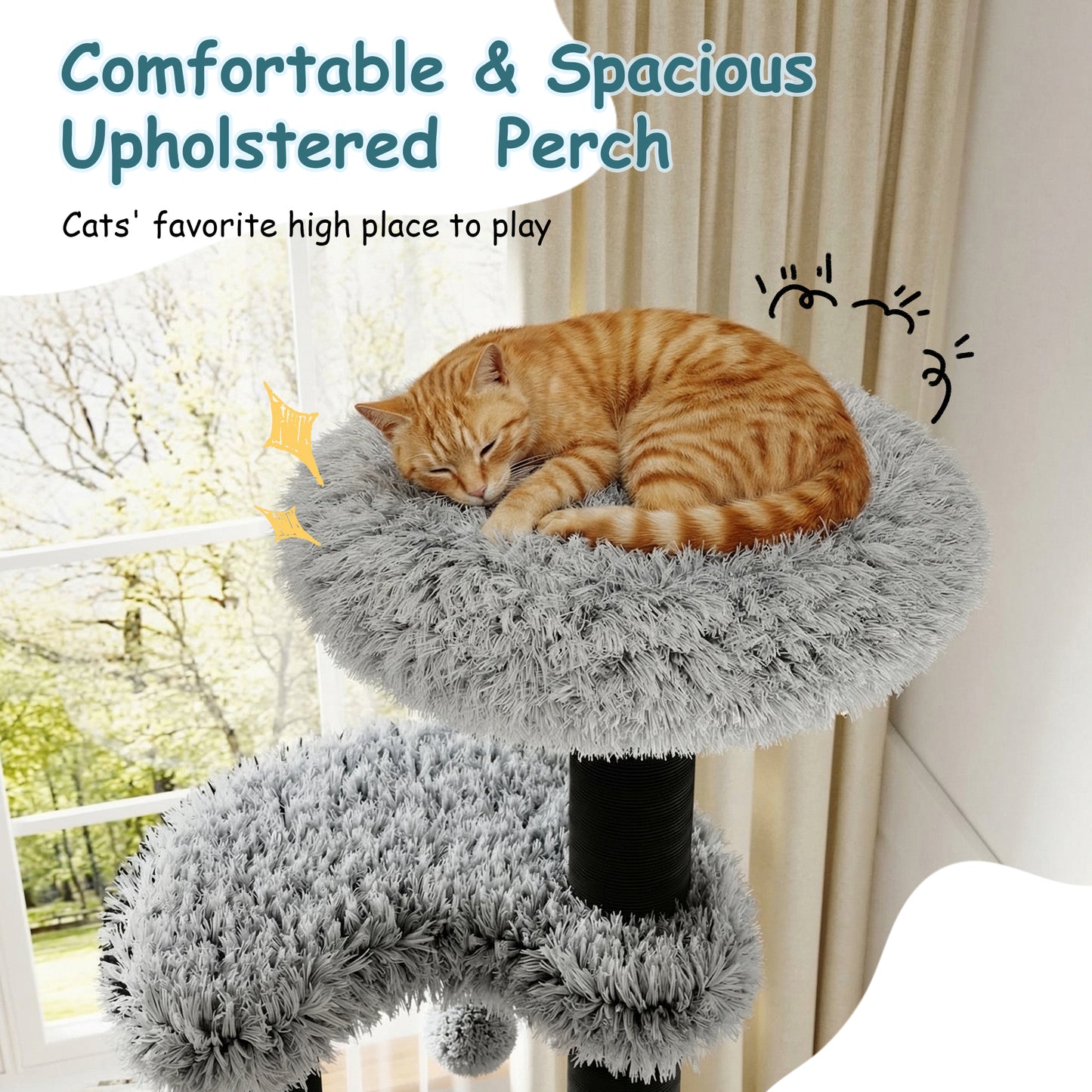 Amolife 61.5" Large Plush Cat Tree Tower with Platforms, 2 Toy Balls with bells, Scratching Posts and Widened Base for Indoor Cats and Kittens, Black and White