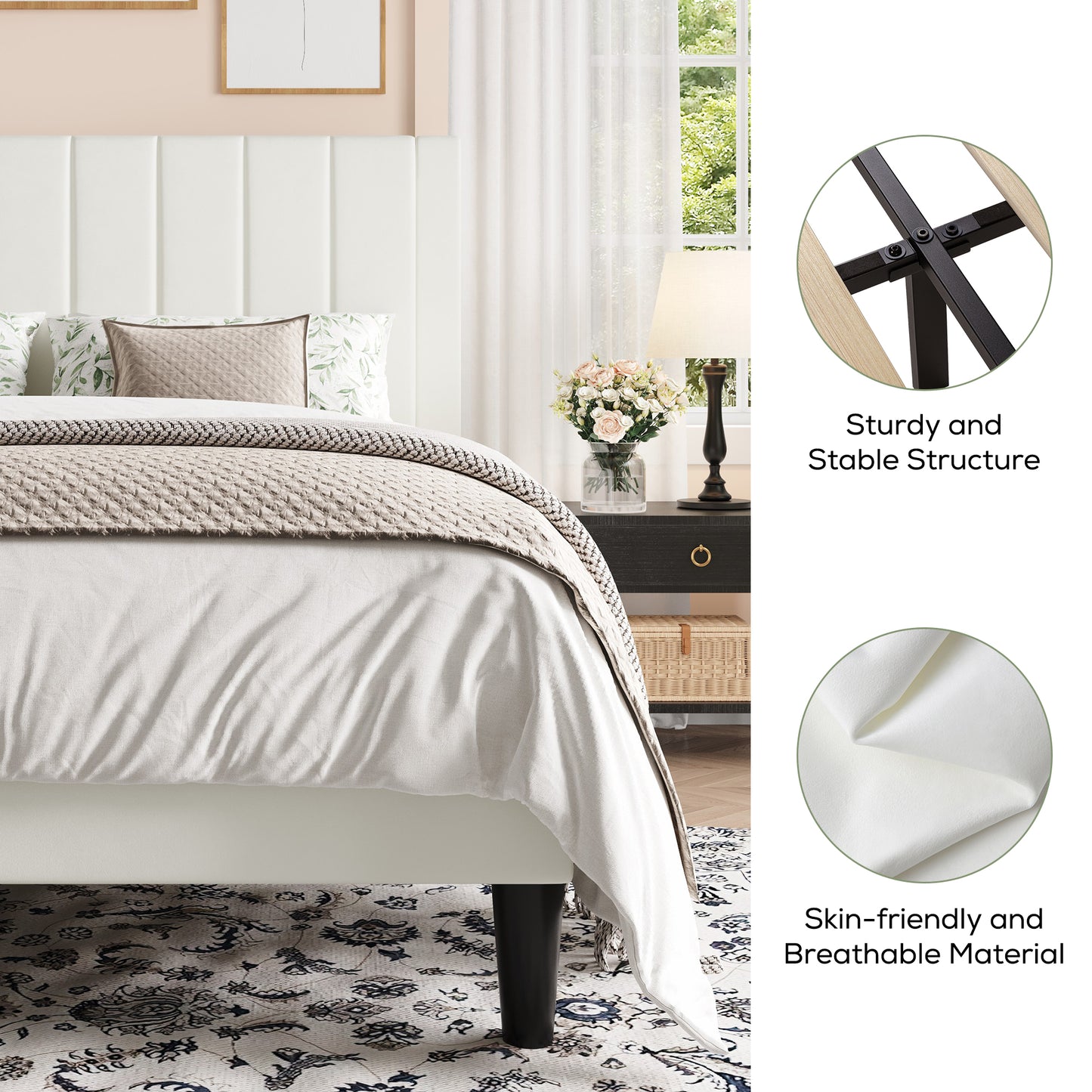 Amolife Bed Frame with Velvet Vertical Stripe Headboard and Extra Panel
