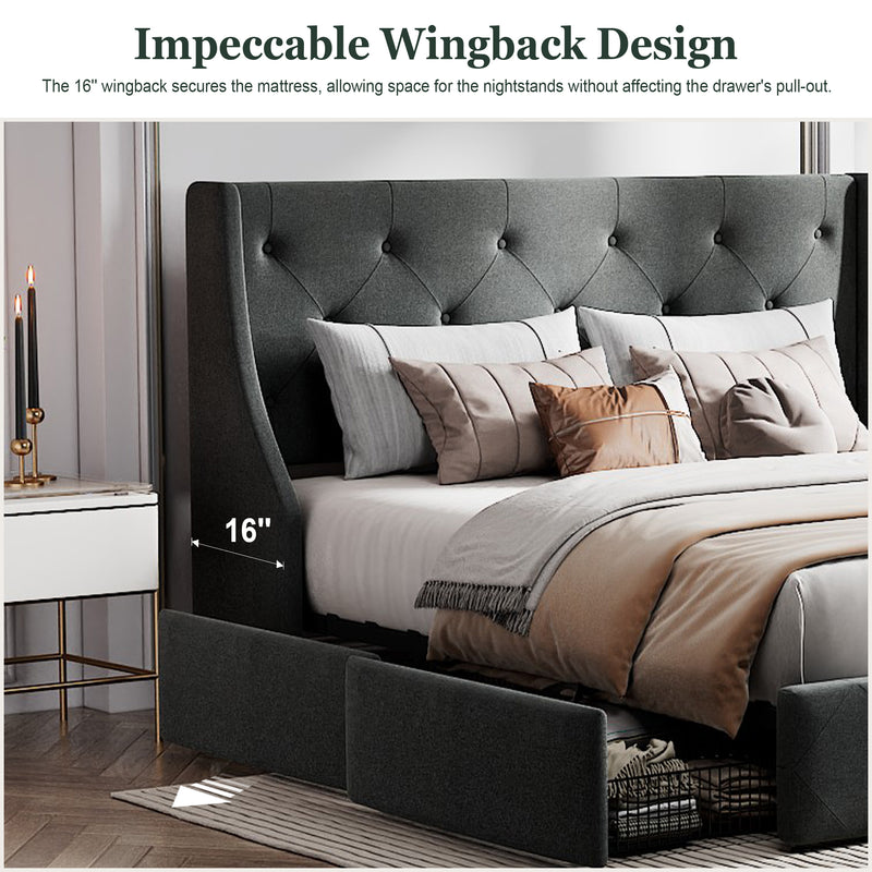 Queen Size Platform Bed Frame with 4 Storage Drawers and Wingback Headboard, Diamond Stitched Button Tufted Style, Dark Gray