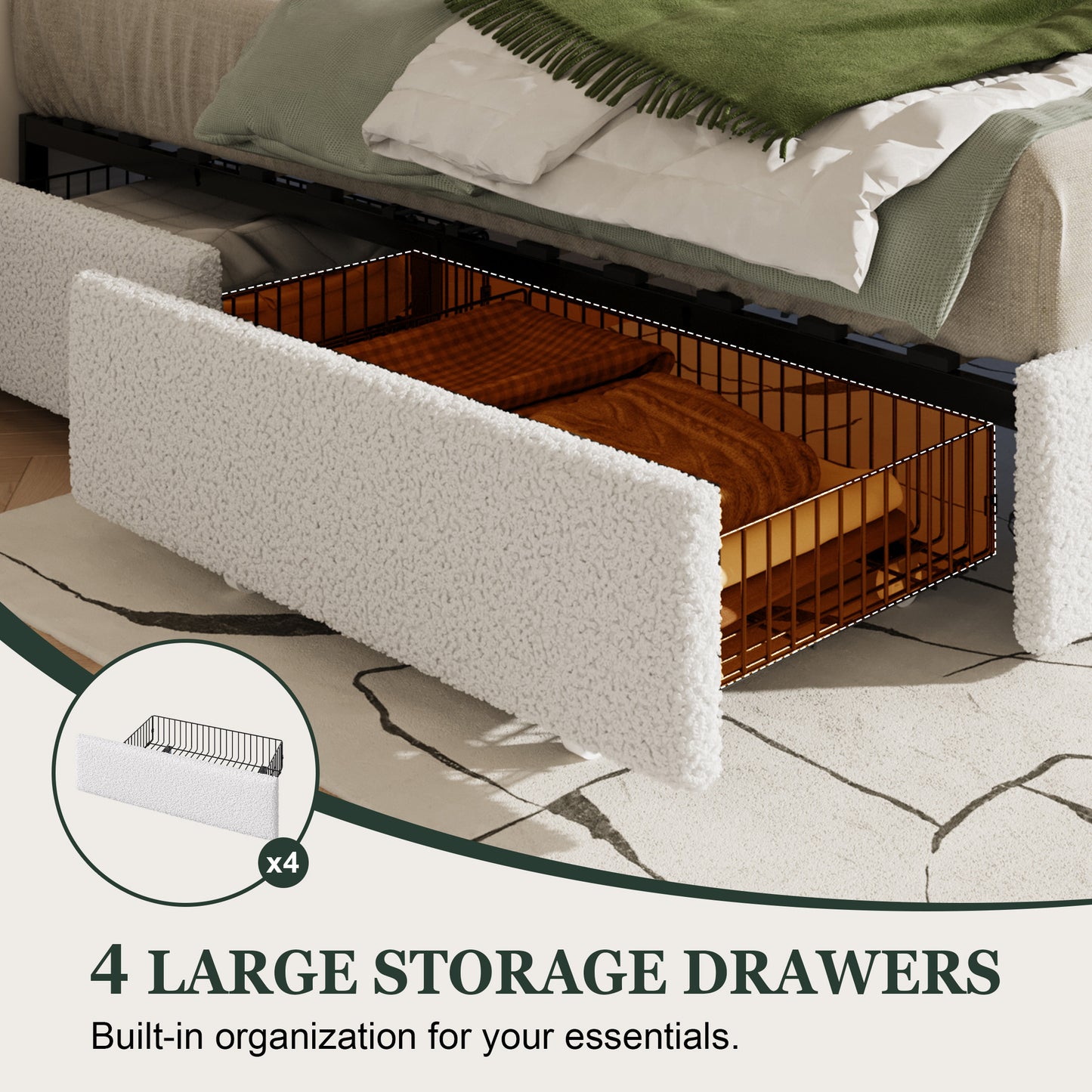 Amolife Platform Bed Frame with Plush Boucle Upholstery & 4 Storage Drawers