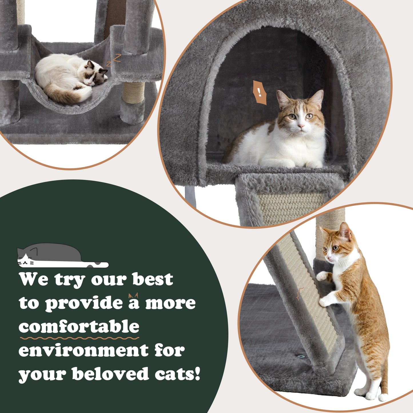 Amolife 65.7" Cat Tree Tower Condo for Large Cats with Hammock, Scratching Post & Basket