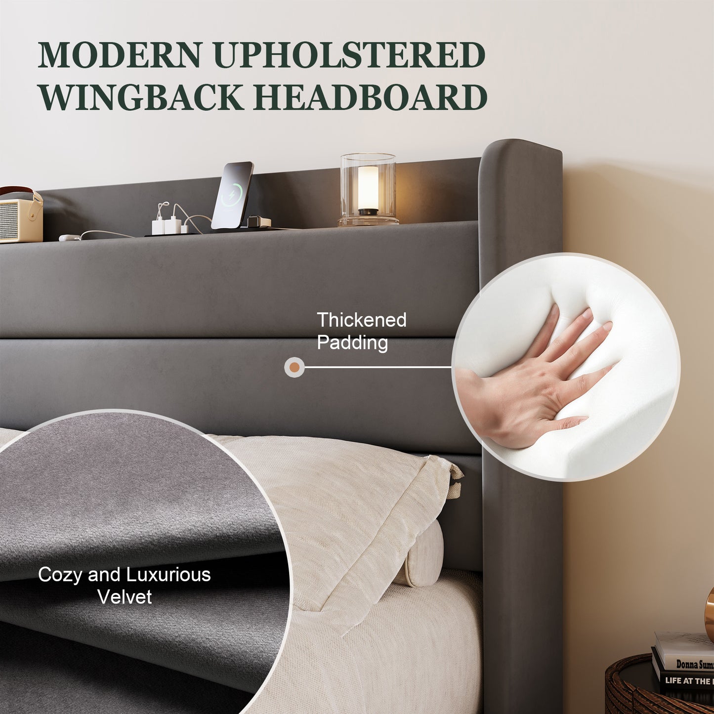 Amolife Platform Bed Frame with Upholstered Velvet Wingback Slat Headboard & Built-In Charging Station
