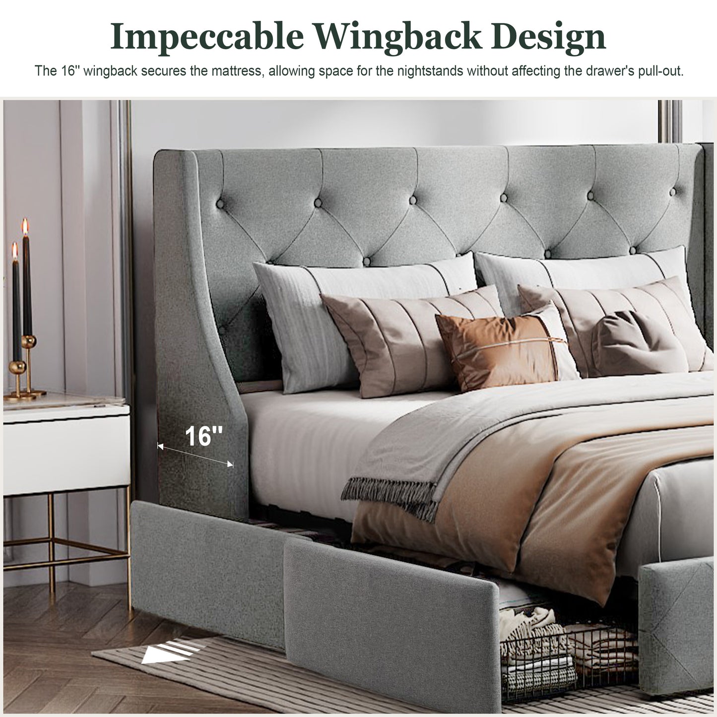 Queen Size Platform Bed Frame with 4 Storage Drawers and Wingback Headboard, Diamond Stitched Button Tufted Style, Dark Gray