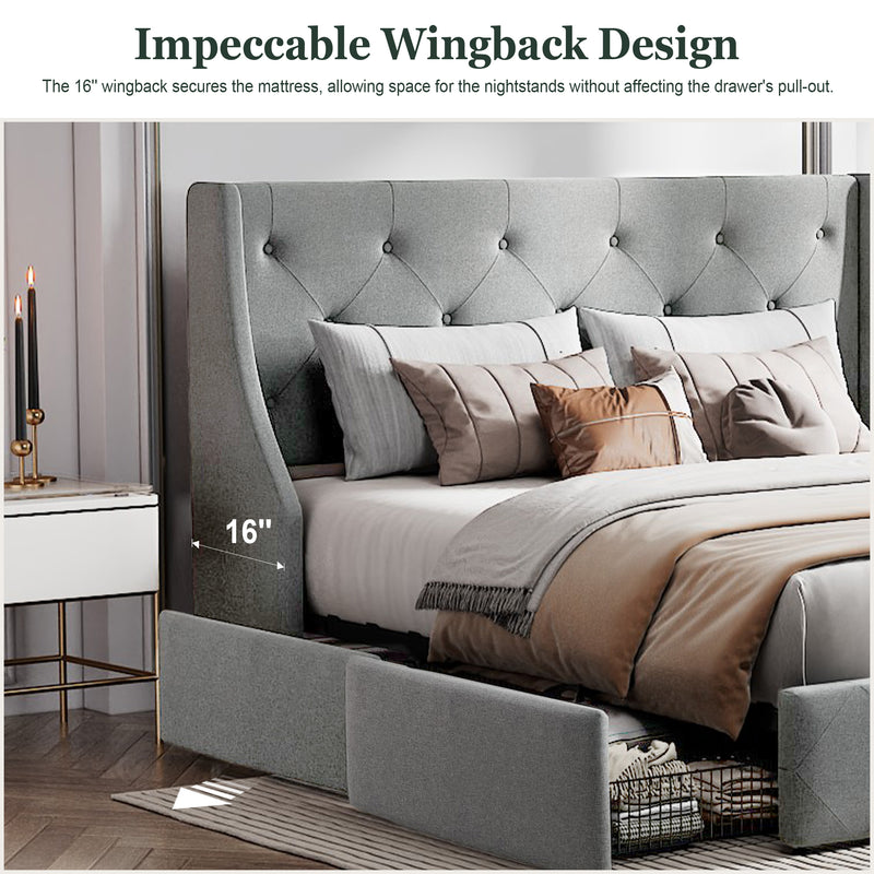 Queen Size Platform Bed Frame with 4 Storage Drawers and Wingback Headboard, Diamond Stitched Button Tufted Style, Dark Gray
