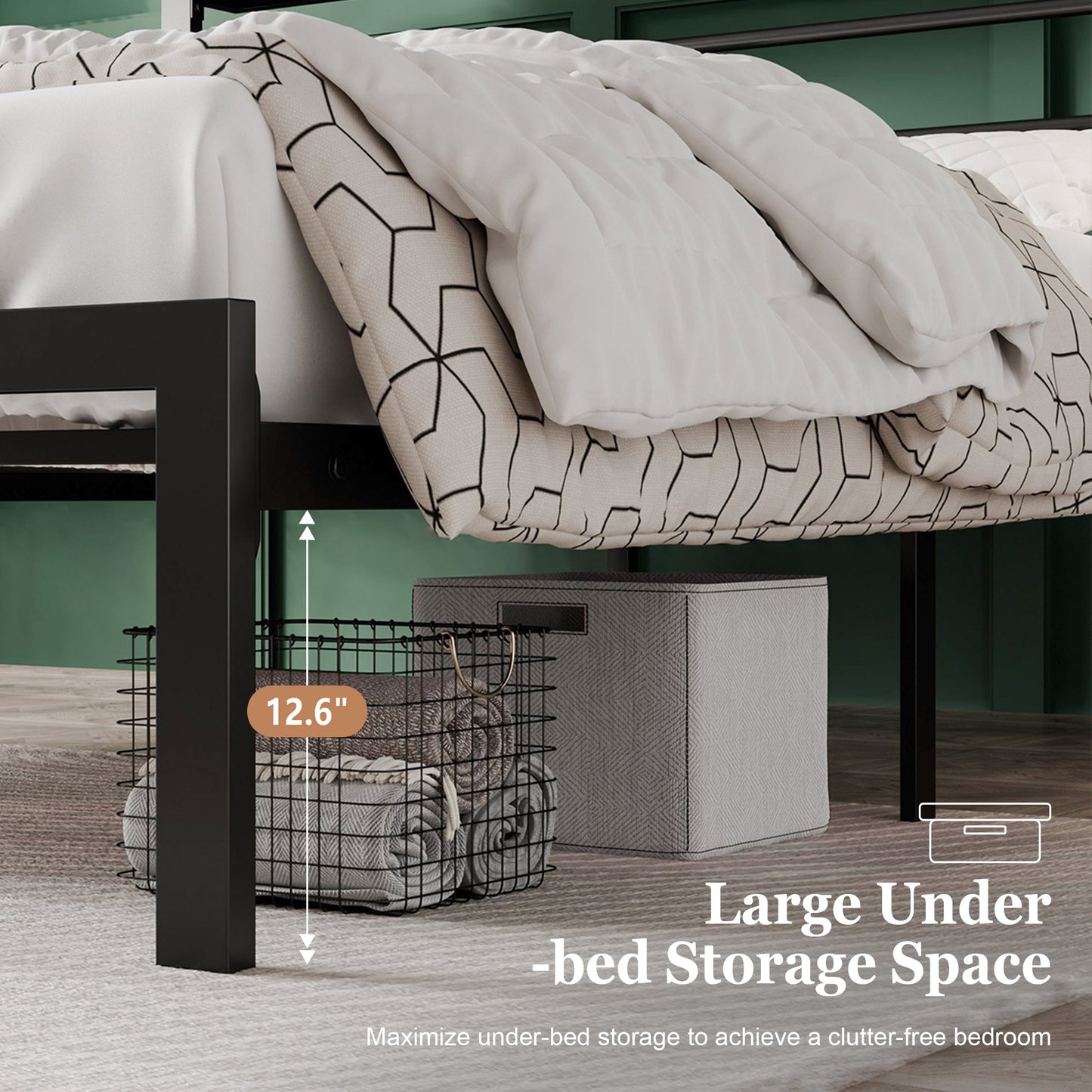 Queen Size Metal Bed Frame with Headboard Shelf, Black Oak