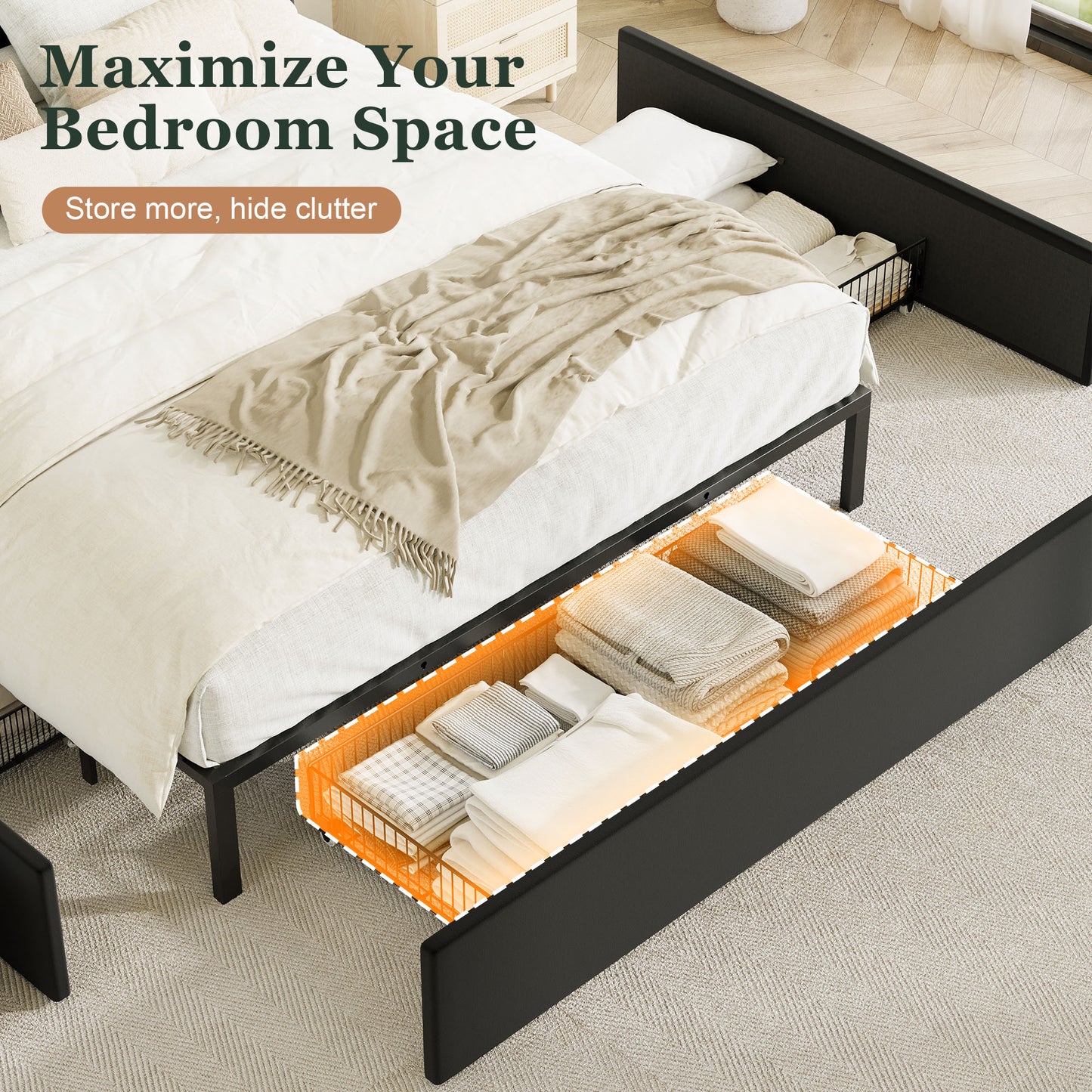 Amolife Bed Frame, Upholstered Storage Bed with 2 Shelves LED Wingback Headboard, 3 Drawers & USB Ports