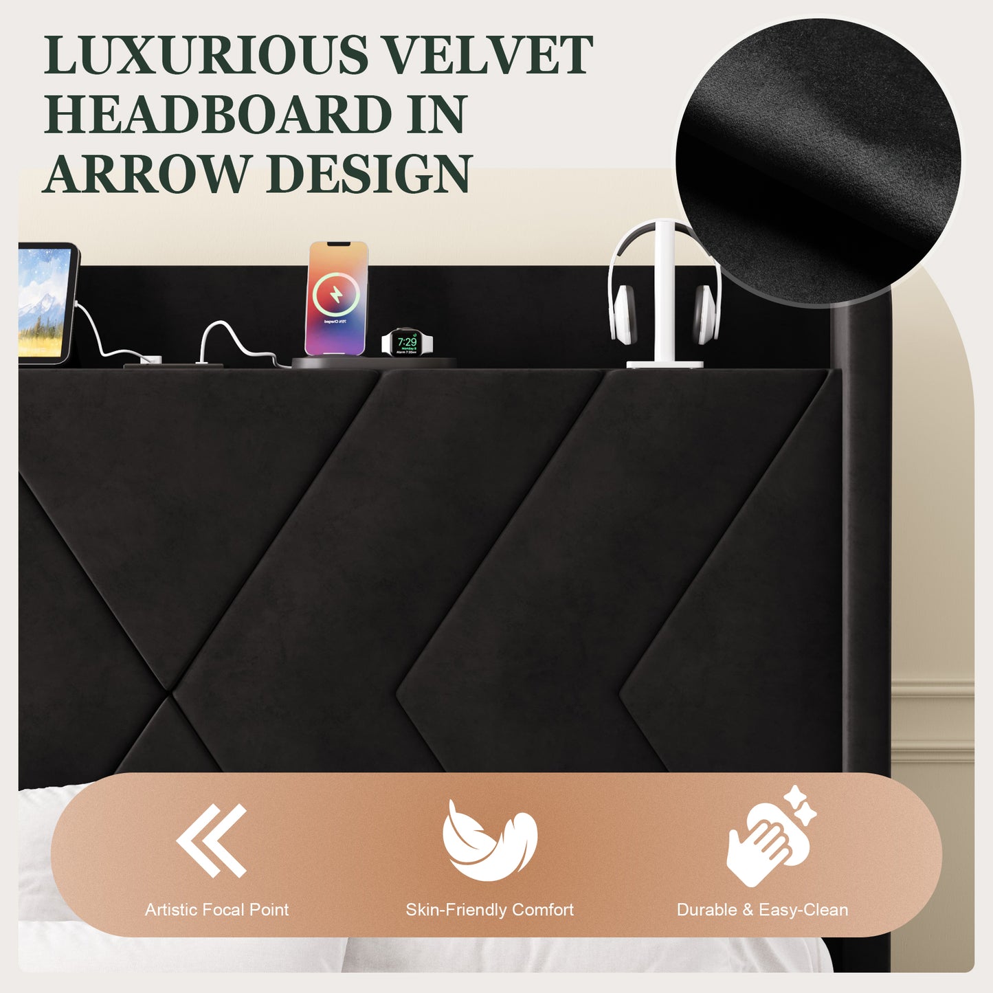 Amolife Platform Bed Frame with 4-in-1 Charging Station & Storage Shelf, Upholstered Velvet Wingback Headboard