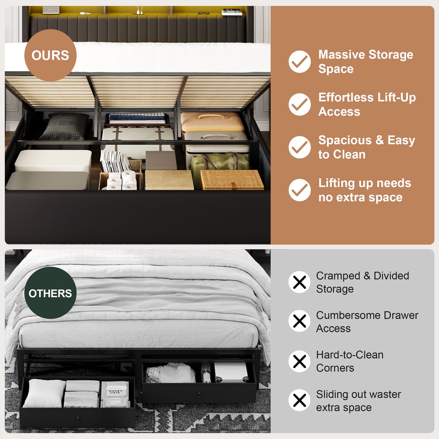 Amolife Hydraulic Lift-Up Storage Bed Frame, LED Headboard with Fast Charging (USB/Type-C), 2-Tier Shelves & Velvet Upholstered
