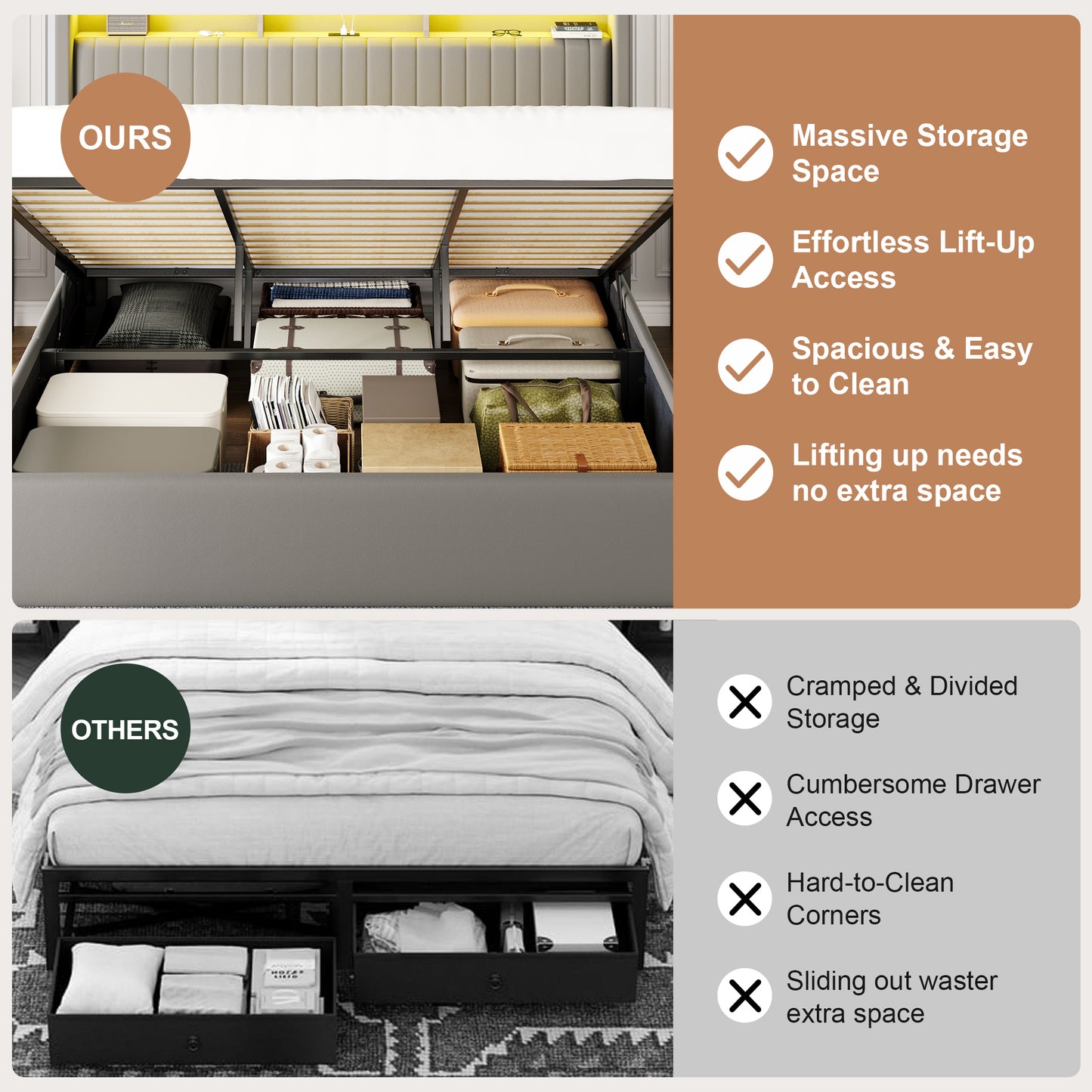 Amolife Hydraulic Lift-Up Storage Bed Frame, LED Headboard with Fast Charging (USB/Type-C), 2-Tier Shelves & Velvet Upholstered