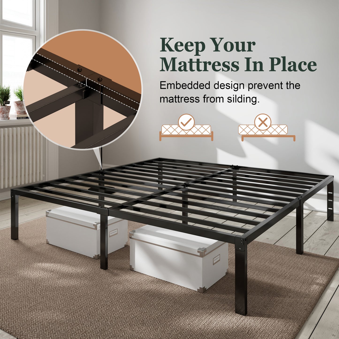 Heavy Duty Platform Bed Frame with Large Under Bed Storage Space, Sturdy Metal Frame