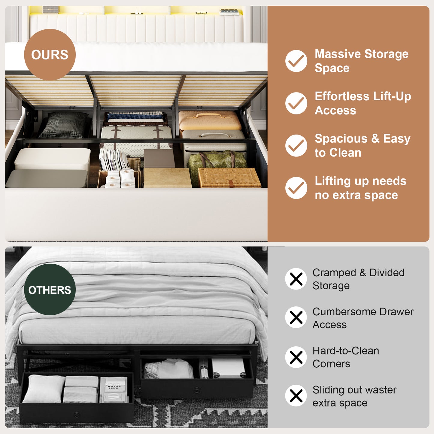 Amolife Hydraulic Lift-Up Storage Bed Frame, LED Headboard with Fast Charging (USB/Type-C), 2-Tier Shelves & Velvet Upholstered