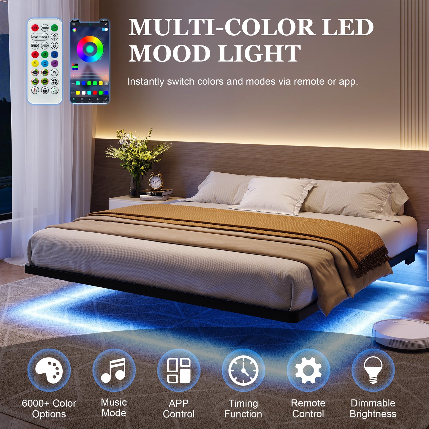 Amolife Heavy Duty Floating Bed Frame with Smart LED Lights and Charging Station