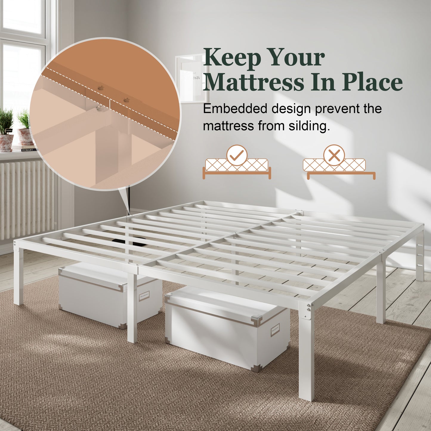 Heavy Duty Platform Bed Frame with Large Under Bed Storage Space, Sturdy Metal Frame