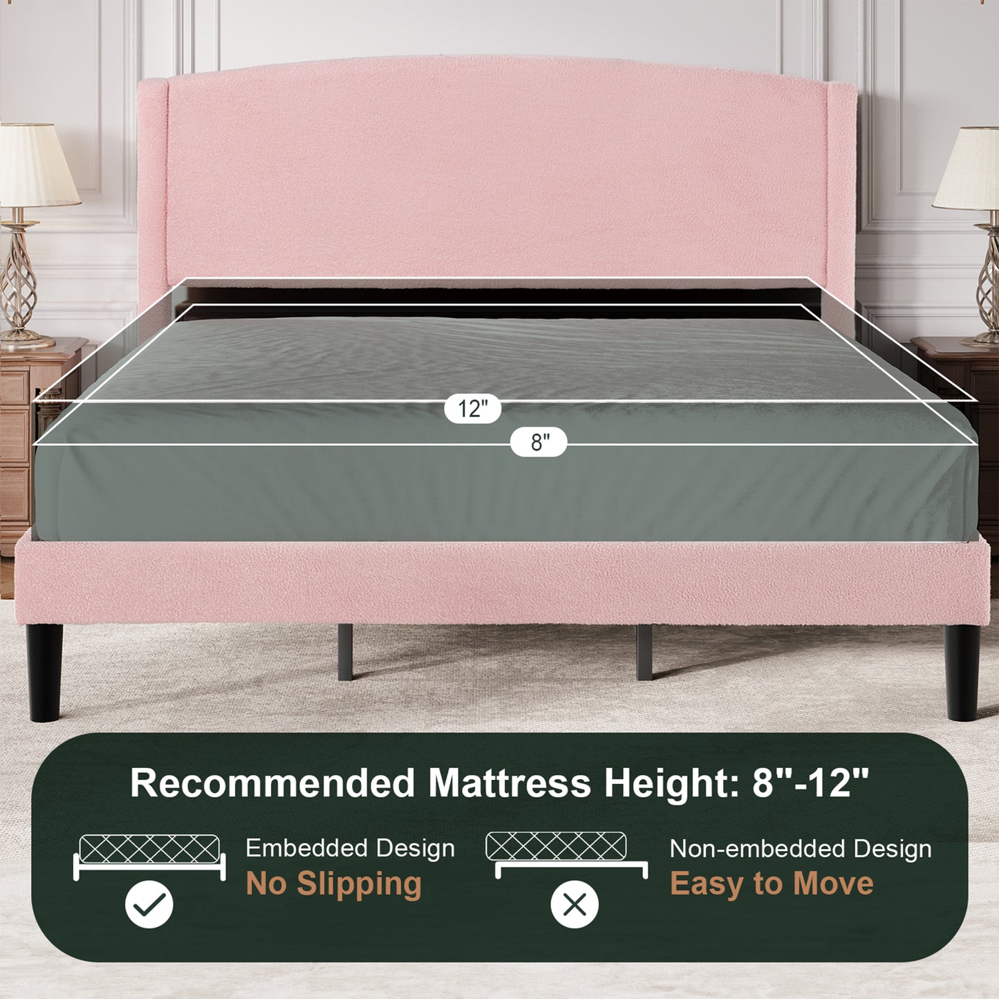 Amolife Bed Frame, Platform Upholstered Bed with Soft Teddy Fabric Curved Headboard
