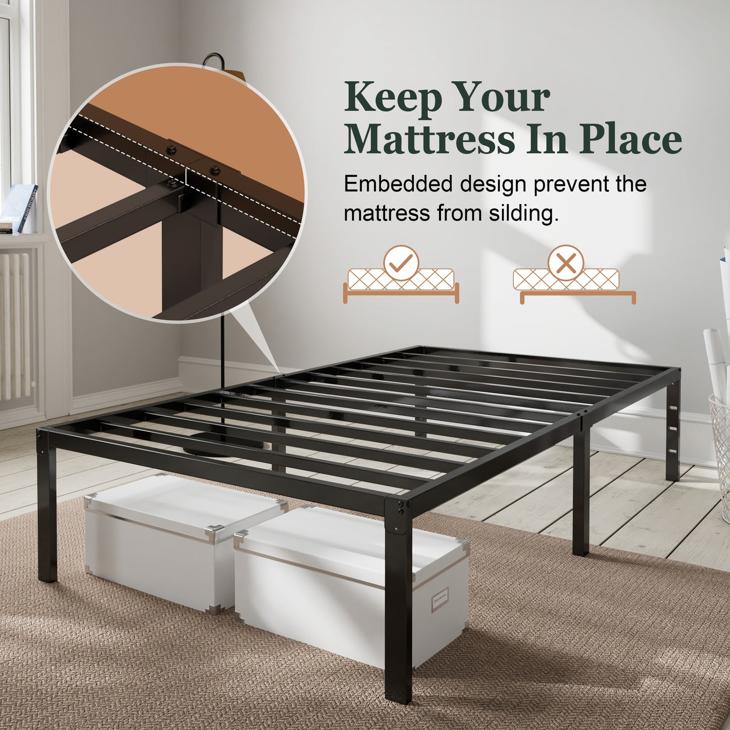 Heavy Duty Platform Bed Frame with Large Under Bed Storage Space, Sturdy Metal Frame