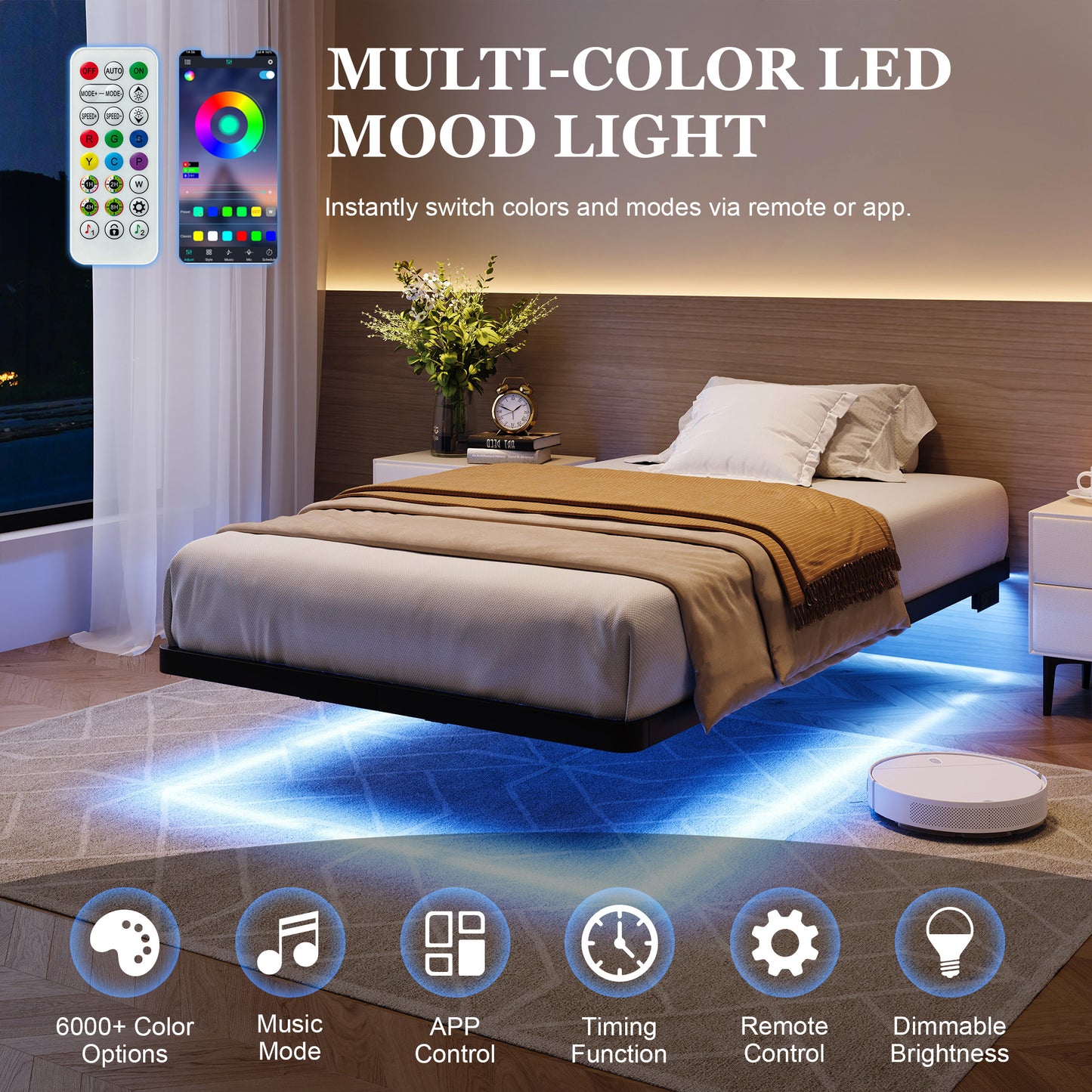 Amolife Heavy Duty Floating Bed Frame with Smart LED Lights and Charging Station