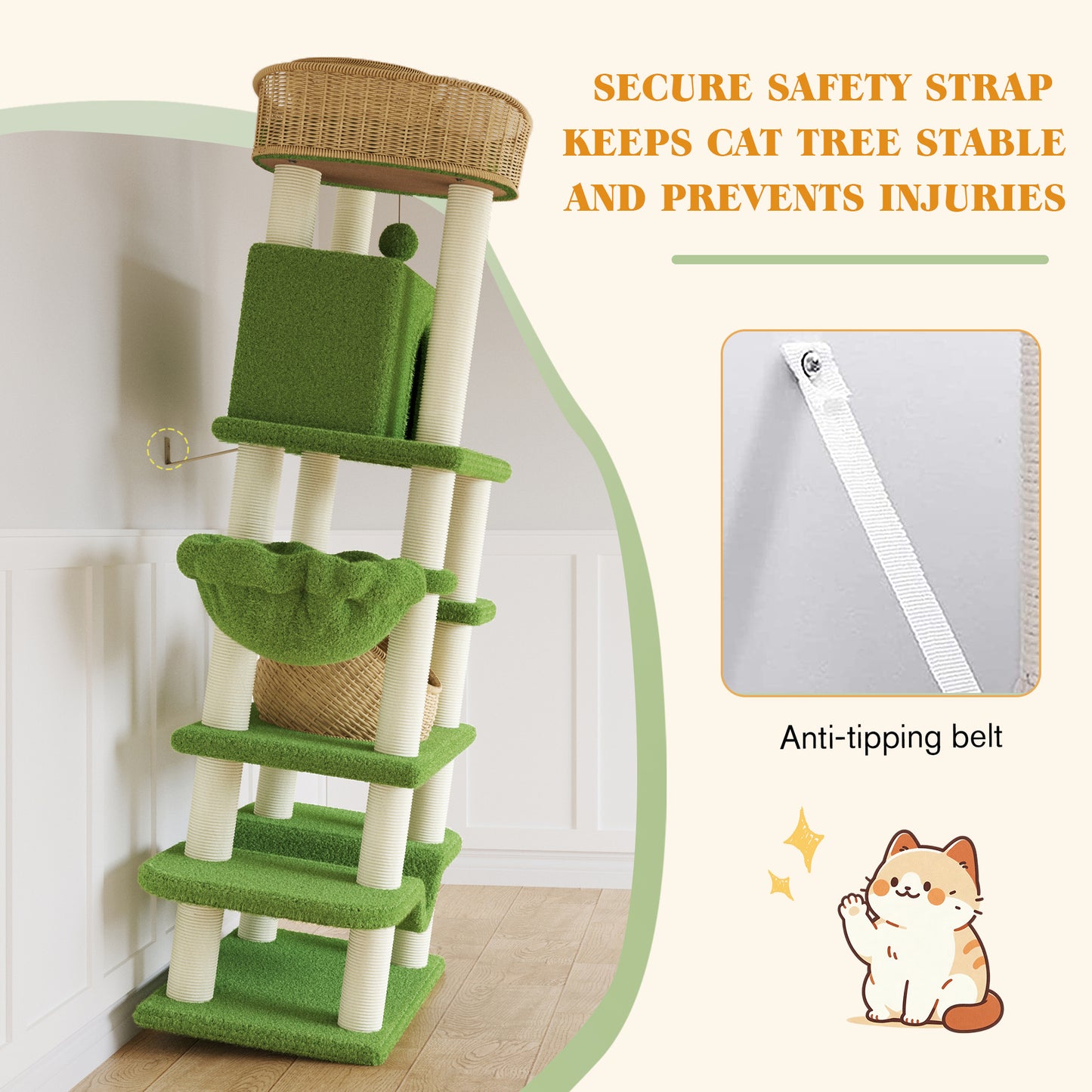 Amolife 82" Large Cat Tree Tower with Teddy Fleece Rattan Condo, Basket, Hammock and Scratching Posts for Indoor Cats and kittens, Green