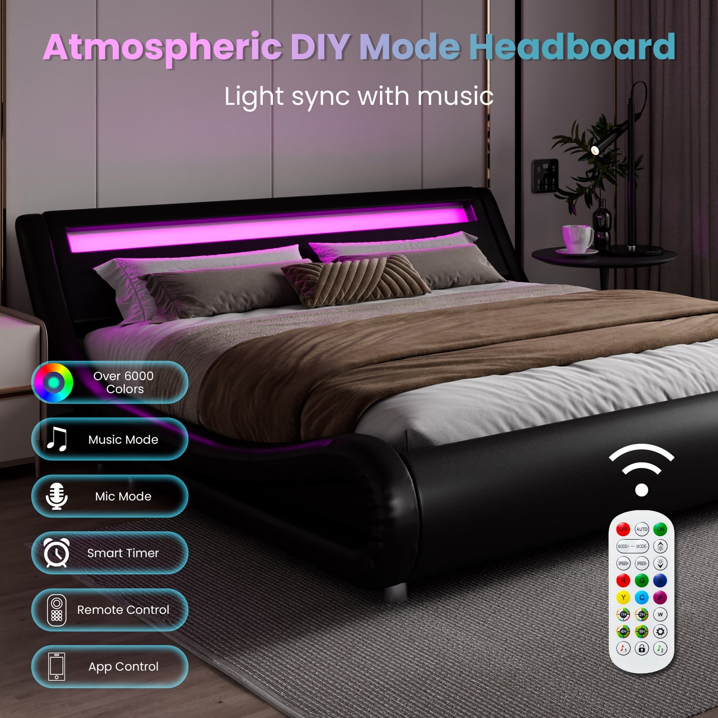 Wave Like Curve Deluxe Upholstered Modern Bed Frame with LED Headboard