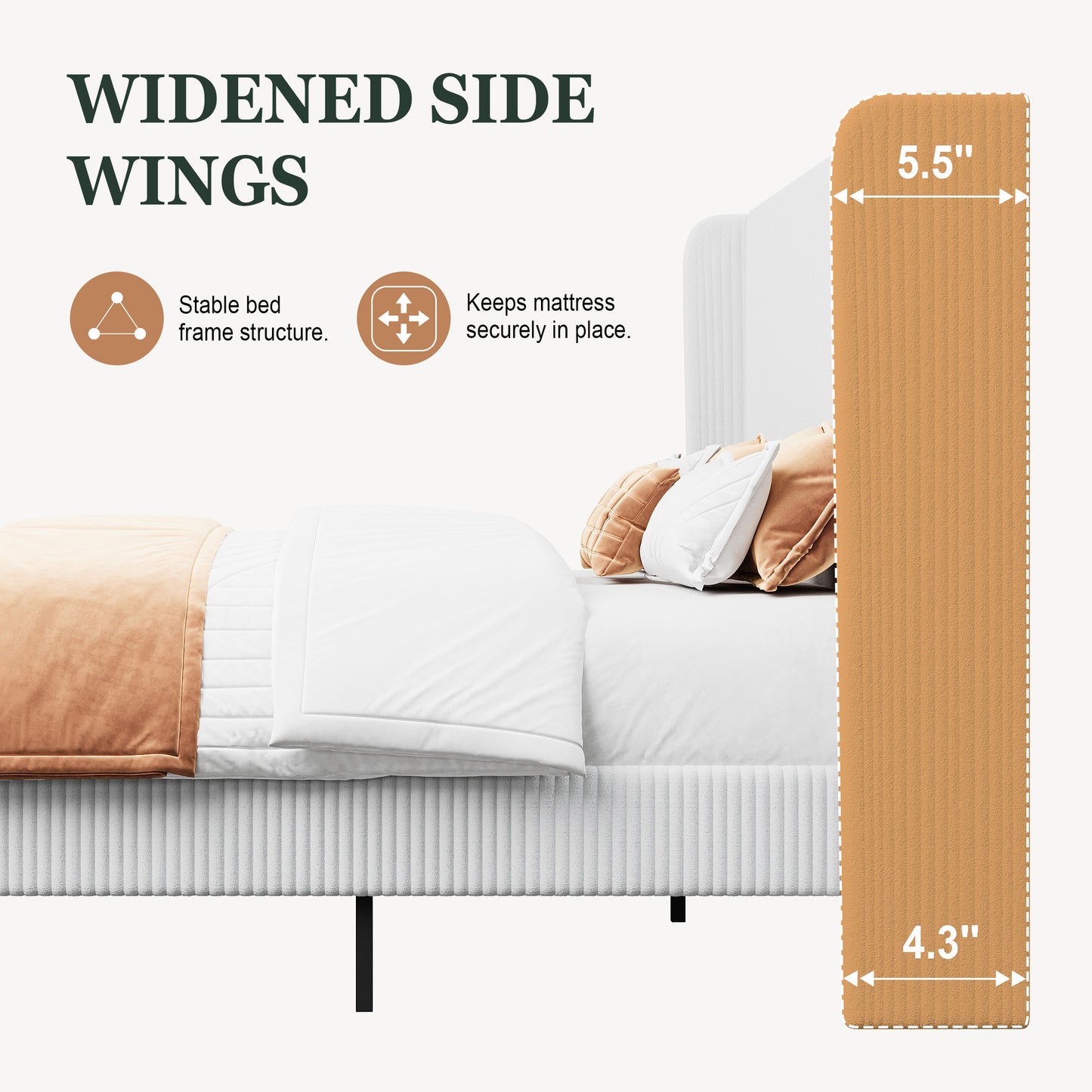 Amolife platform Bed Frame with Upholstered Wingback Headboard, Vertical Channel Tufted Corduroy Velvet