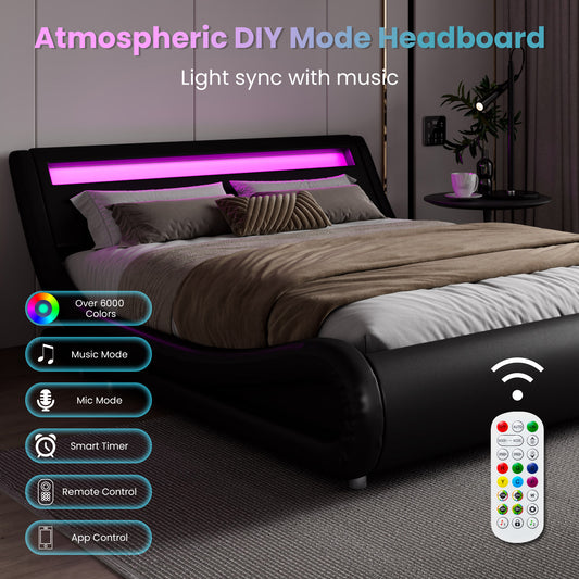 Wave Like Curve Deluxe Upholstered Modern Bed Frame with LED Headboard