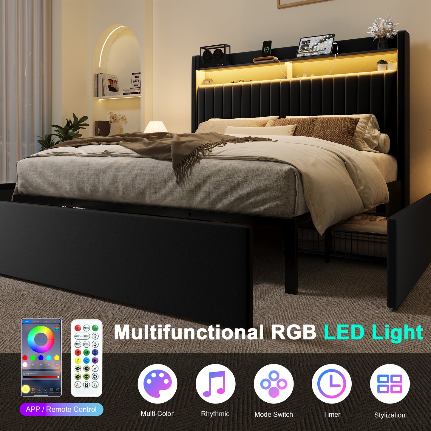 Amolife Bed Frame, Upholstered Storage Bed with 2 Shelves LED Wingback Headboard, 3 Drawers & USB Ports