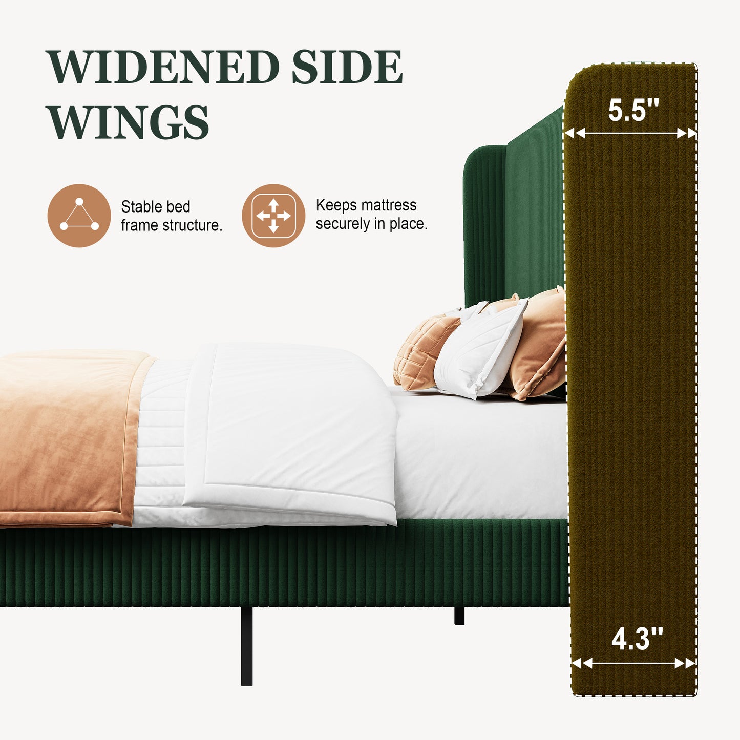 Amolife platform Bed Frame with Upholstered Wingback Headboard, Vertical Channel Tufted Corduroy Velvet