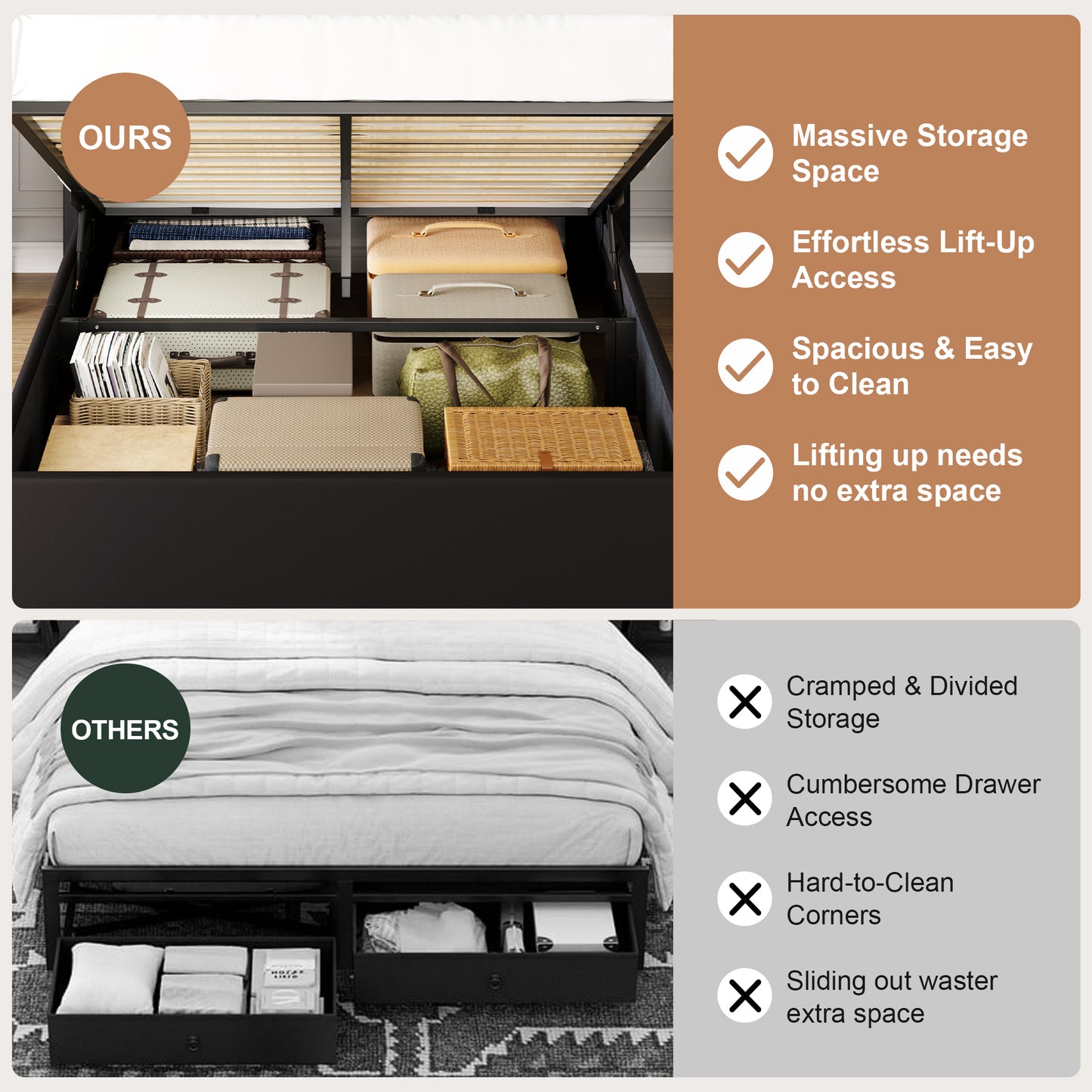 Amolife Hydraulic Lift-Up Storage Bed Frame, LED Headboard with Fast Charging (USB/Type-C), 2-Tier Shelves & Velvet Upholstered