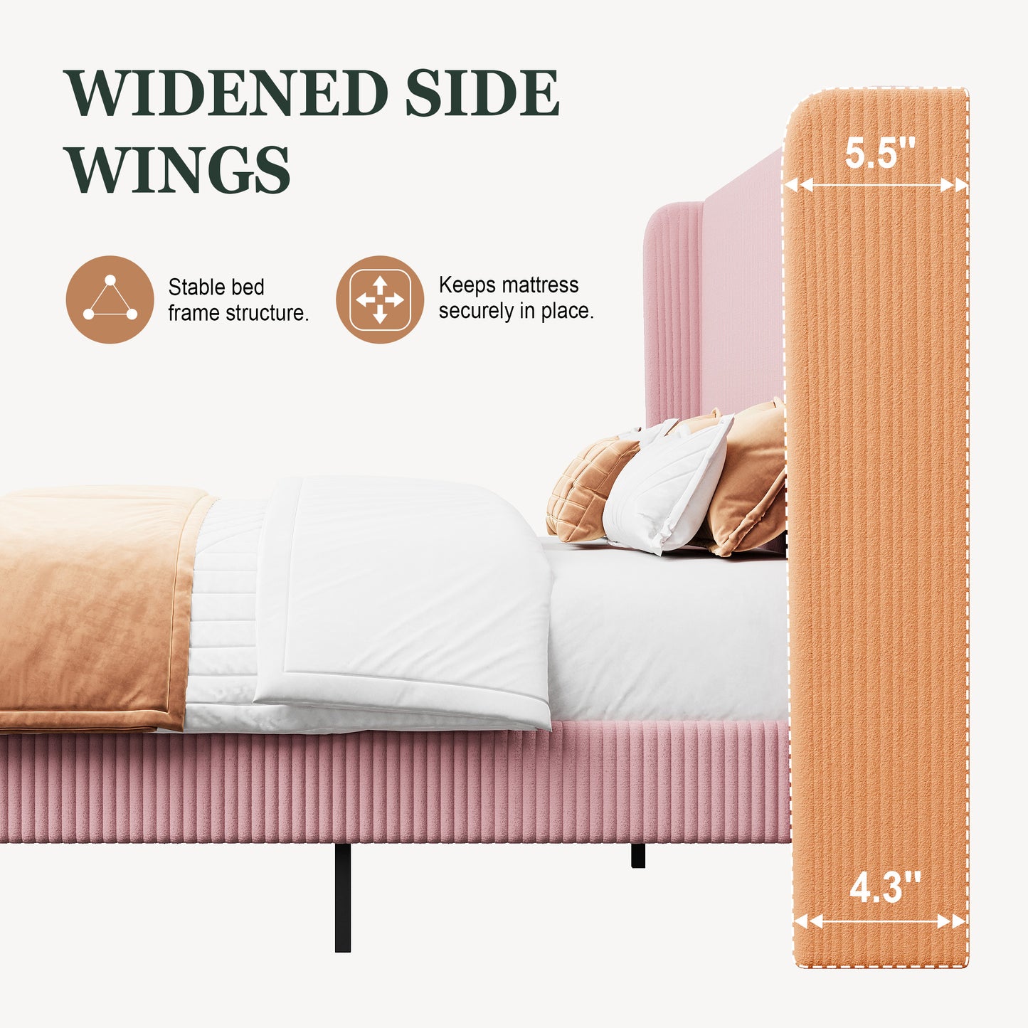 Amolife platform Bed Frame with Upholstered Wingback Headboard, Vertical Channel Tufted Corduroy Velvet