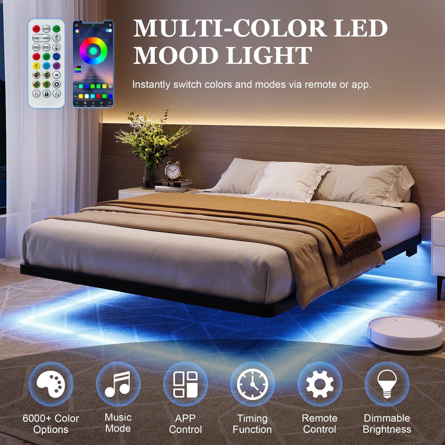 Amolife Heavy Duty Floating Bed Frame with Smart LED Lights and Charging Station